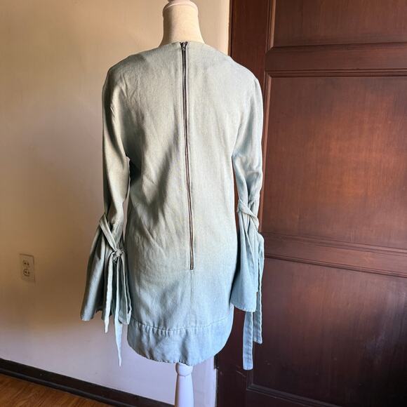 PFEIFFER the Label Light denim Shift Mini Dress With Tie Bell Sleeves Small - Picture 2 of 7